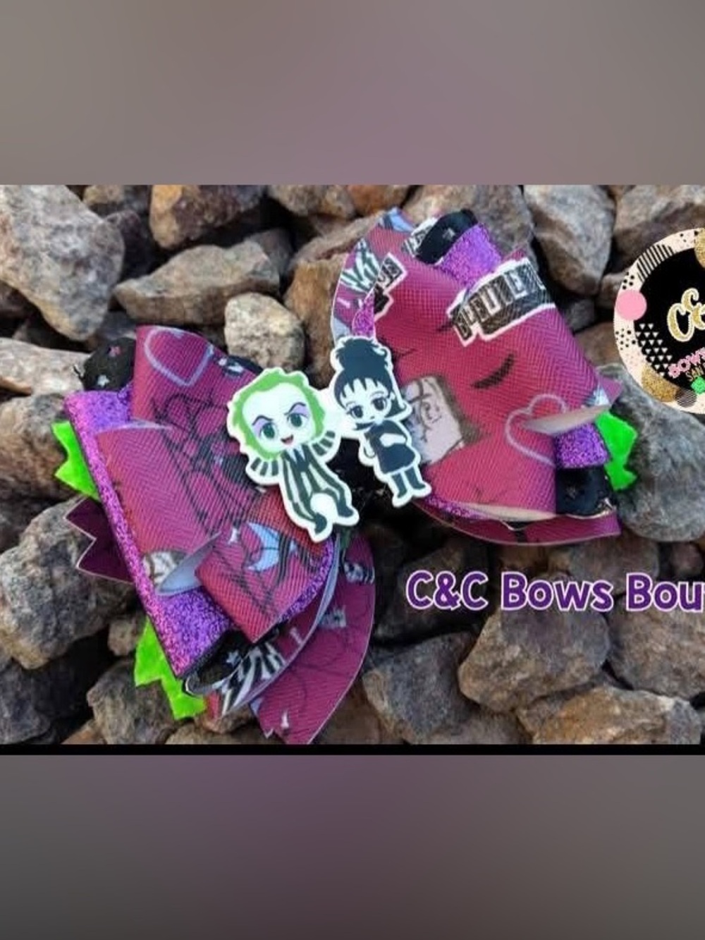 Handmade Beetlejuice and Lydia Deetz Hair Bow - Neon Green & Purple Halloween Ha